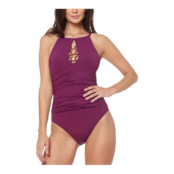 BLEU BY ROD BEATTIE Embellished One-Piece Swimsuit in Purple NWOT - Picture 1 of 5